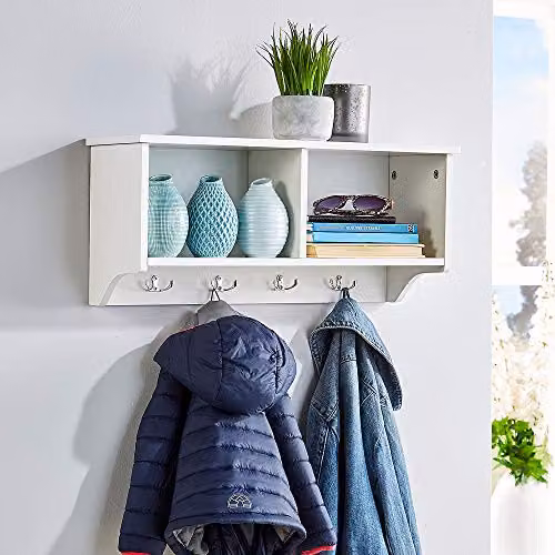 Home Source Modern Wall Mounted Coat Rack with Storage Shelves and Hooks, White – 2