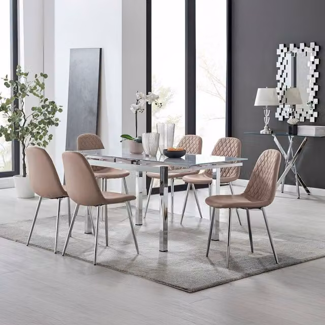 Furniturebox Enna White Glossy Glass Extending Dining Table and 6 Corona Silver Leg Chairs in Cappuccino