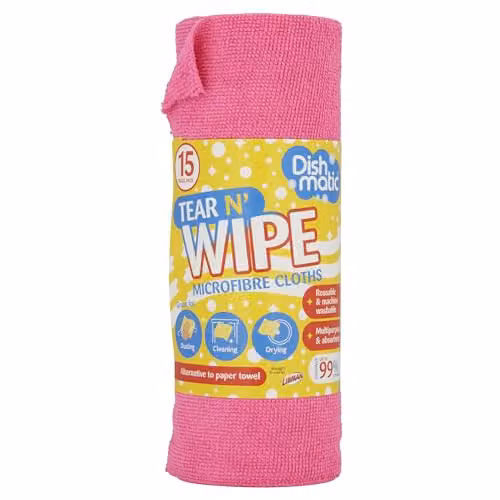 Dishmatic Tear N Wipe All-Purpose Microfibre Cloths, Pink, Roll of 15 – 2