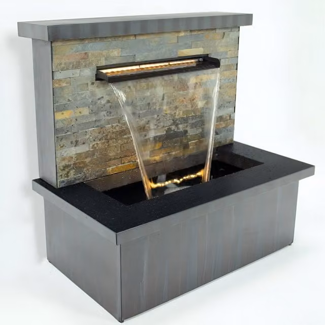Primrose Sorrento Rectangular Trough Wall Fountain with Lights in Brown Stone and Metal