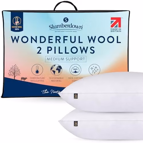 Slumberdown 2 Pack Medium Support New Wool Pillows in White, W: 74 cm, H: 48 cm – 1