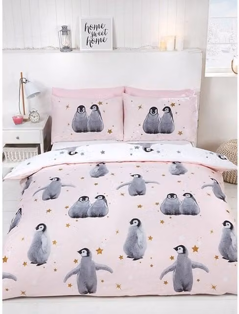 Rapport Reversible Pink Penguin Duvet Cover and Pillowcase Set, W: 90 cm, H: 200 cm