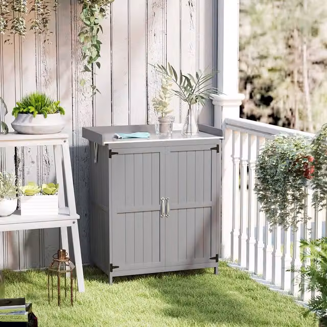 OUTSUNNY Grey Wooden Garden Storage Low Cabinet with Double Doors and Shelving, W/D/H: 74 x 43 x 88 cm – 1