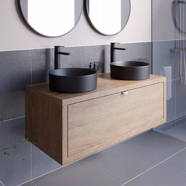 Bathwell Garda Modern Double Wall Hung Countertop Vanity Unit in Oak Brown