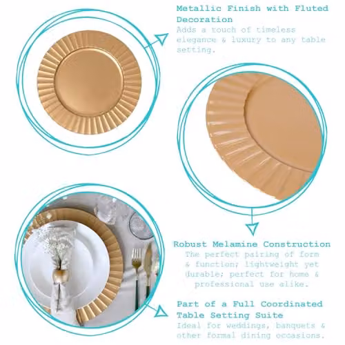 Argon Tableware Gold Melamine Flute Design Charger Plates, Pack of 6, Diameter: 33 cm – 3