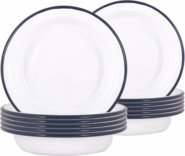 Argon Tableware White and Blue Enamel Deep Bowls, Diameter: 19 cm, Set of 12