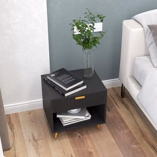 HOMCOM Set of 2 Modern Black and Gold Bedside Tables with Media Compartments – 8