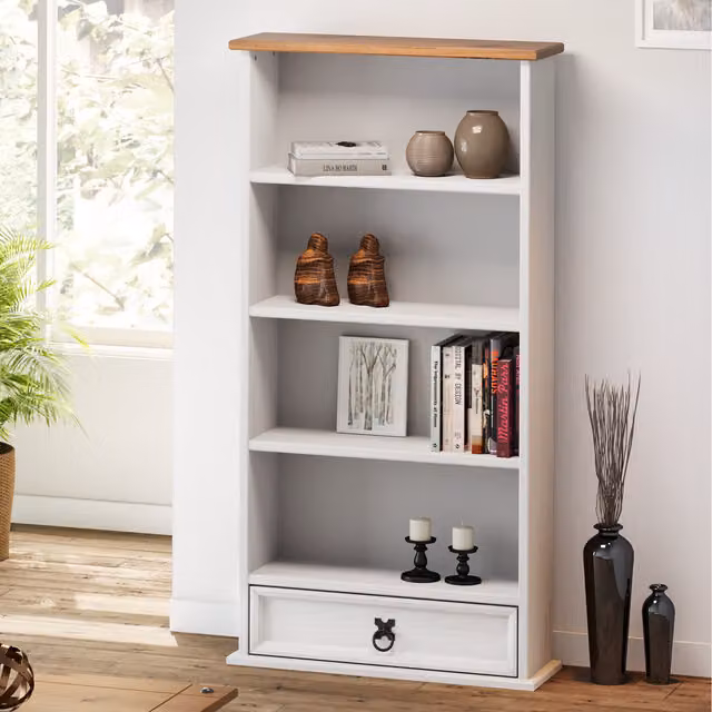 Mercers Furniture Corona Solid Wood Mexican Pine DVD and CD Storage Bookcase in Distressed White Wax, W/D/H: 103 x 18 x 52 cm