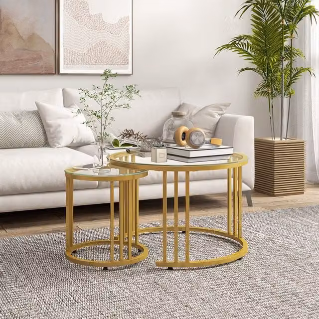 HOMCOM Nest of 2 Round Coffee Tables with Tempered Glass Tops in Gold Tone