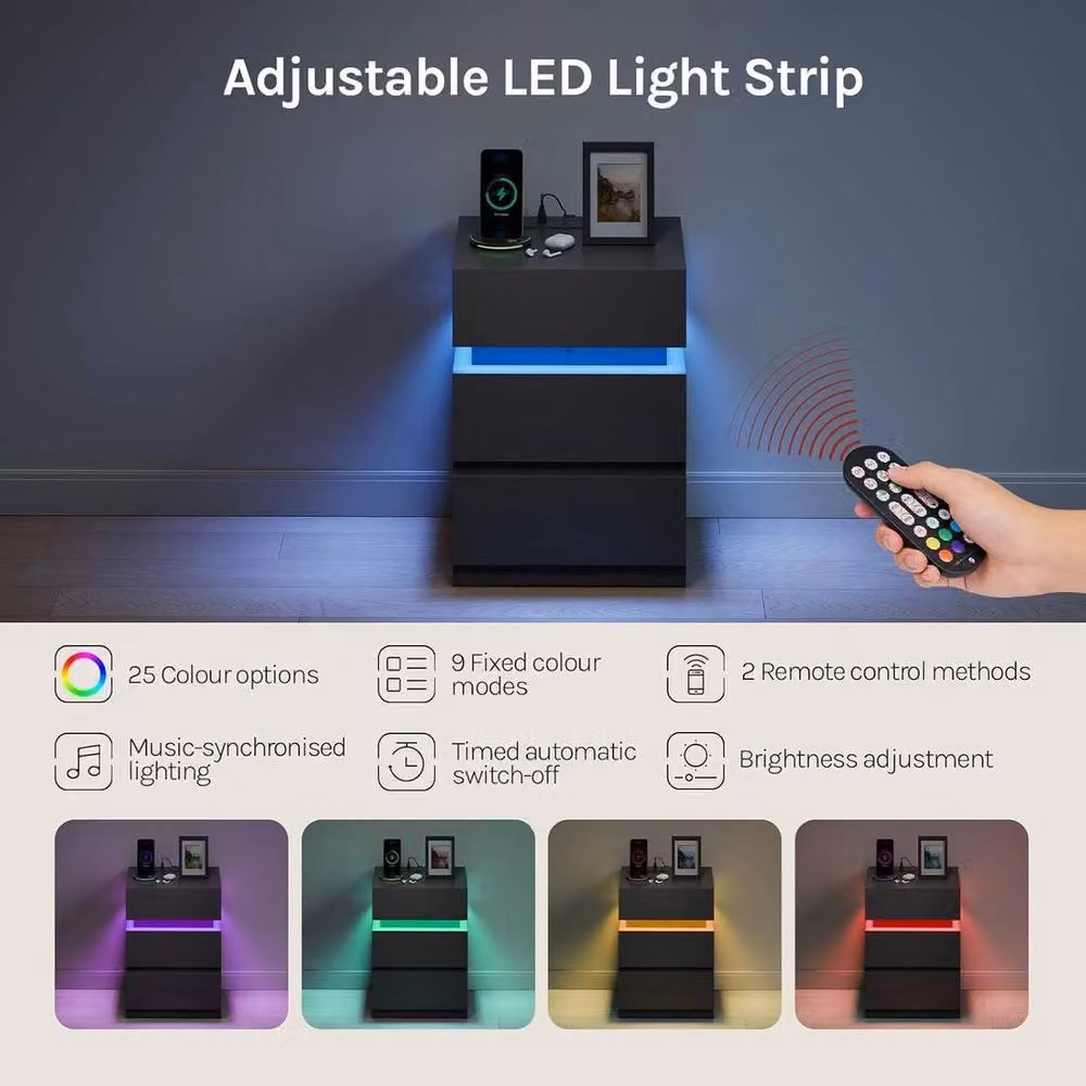 FORGEVIO Black Bedside Table with Integrated LED Lighting and Charging Station – 3