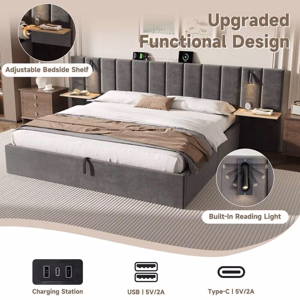 BTM Grey Velvet Upholstered Super King Bed with Lift Up Storage, USB Charging Port and Integrated Reading Light, W/D/H: 200 x 200 cm – 5