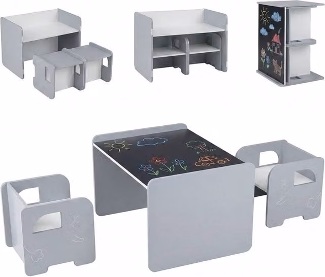 CASART Kids Table and 2 Chairs Set with Chalkboard in Grey