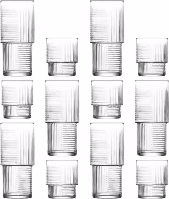 LAV Helen Stackable Highball Glass Tumbler Set, 12 Pieces, Transparent Yellow
