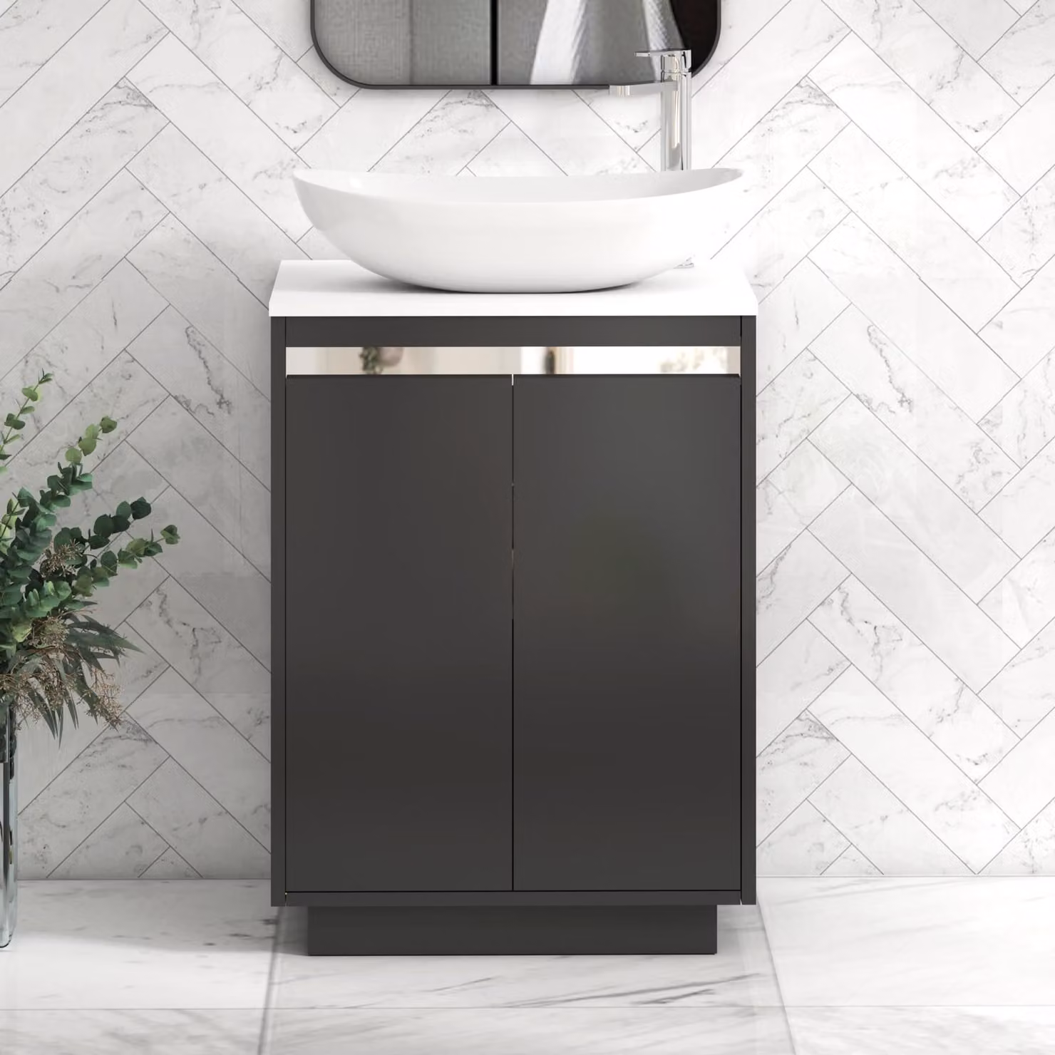 Royal Bathrooms Orion 600mm Matt Obsidian Black and Plain White Floor Standing 2 Door Vanity Unit with Cesar Basin and Chrome Accent Trim