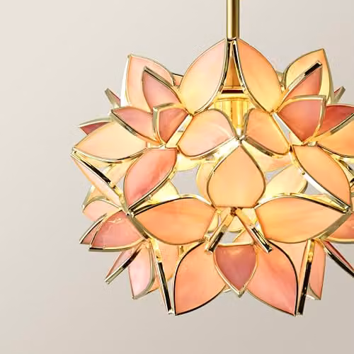 ValueLights Reine Pink Glass Flower Pendant Light with Brushed Gold Thread and LED Bulb – 3