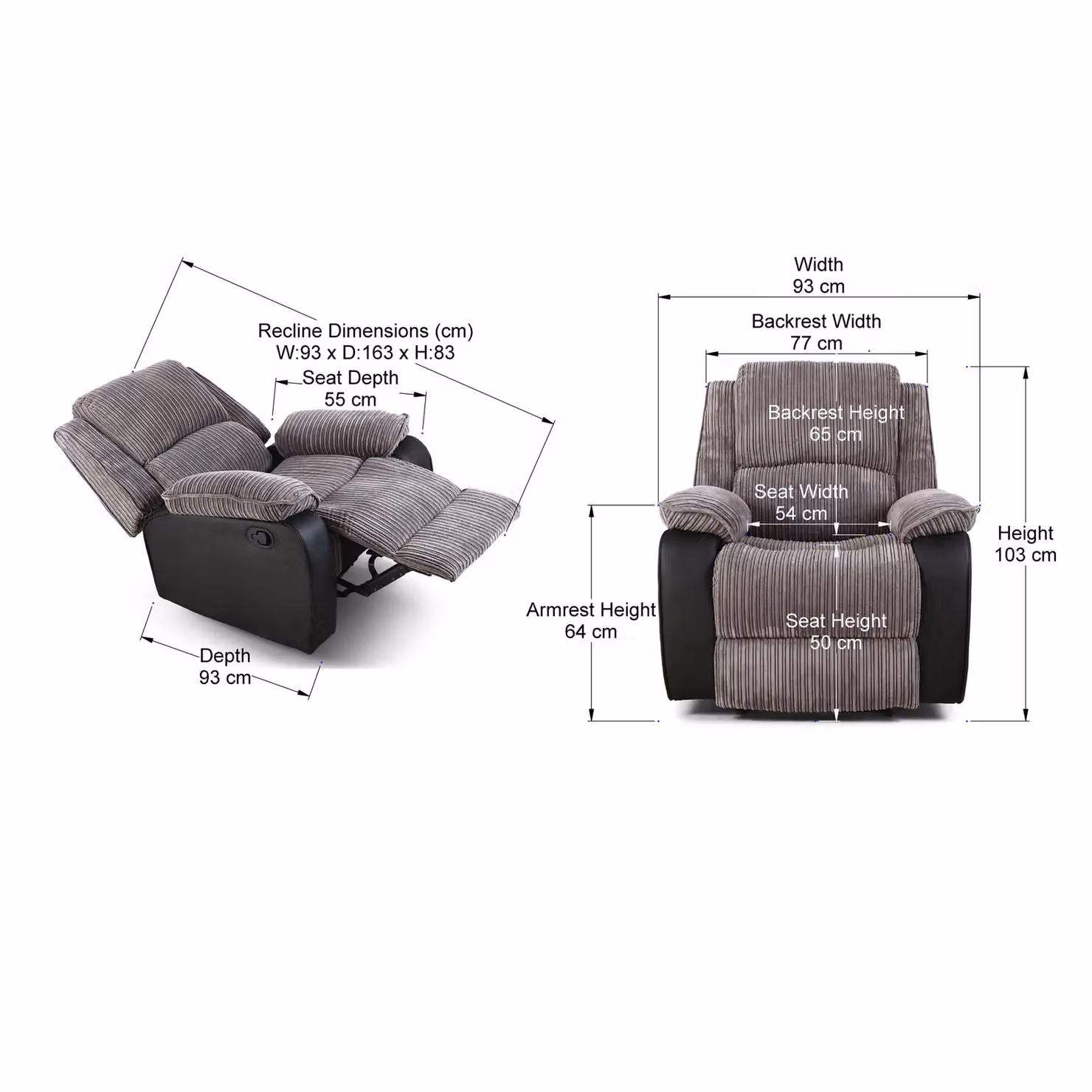 More4Homes Postana Manual Recliner Chair in Grey Jumbo Cord Fabric – 3