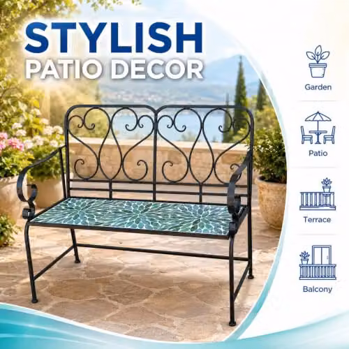 SHATCHI Leaf Mosaic 2 Seater Garden Bench with Metal and Ceramic Tile Seat in Multicolour Green – 7