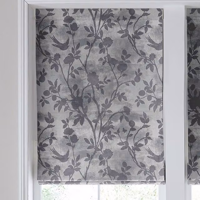 Laura Ashley Eglantine Silhouette Woven Made to Measure Blackout Roman Blind in Grey Floral Pattern