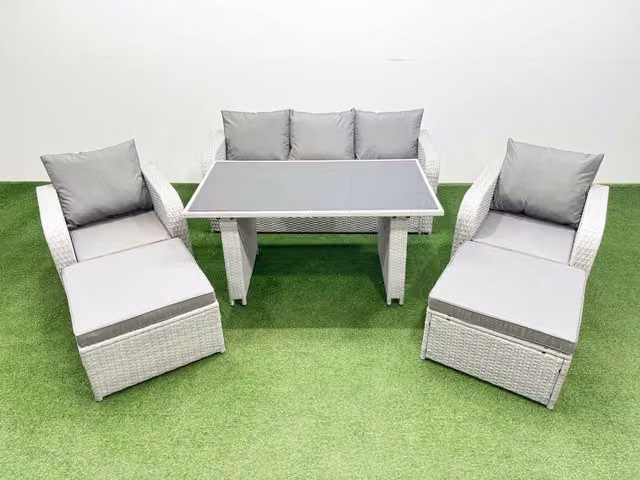 Fimous 7-Seater Outdoor Rattan Garden Furniture Dining Set with 2 Large Stools in Light Grey