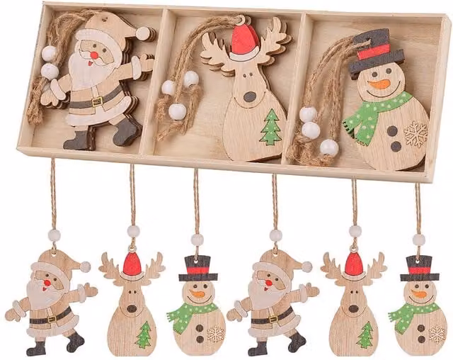 Neel Blue Pack of 9 Beige Scandinavian Wooden Christmas Tree Ornaments featuring Santa, Reindeer and Snowman Figures