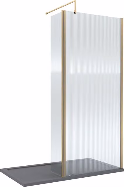 Balterley 8mm Fluted Walk-In Wetroom Screen with Return in Brushed Brass and Grey Glass, W: 1400 mm, D: 800 mm