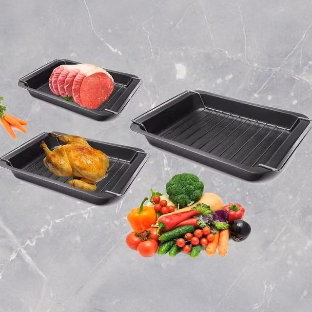 RSW Set of 3 Non-Stick Rectangular Oven Roasting Trays with Racks in Grey and Black