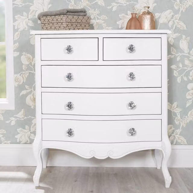 Statement Furniture Juliette Vintage Chic 5 Drawer Chest of Drawers in White with Crystal Handles W/D/H: 80 x 40 x 90 cm