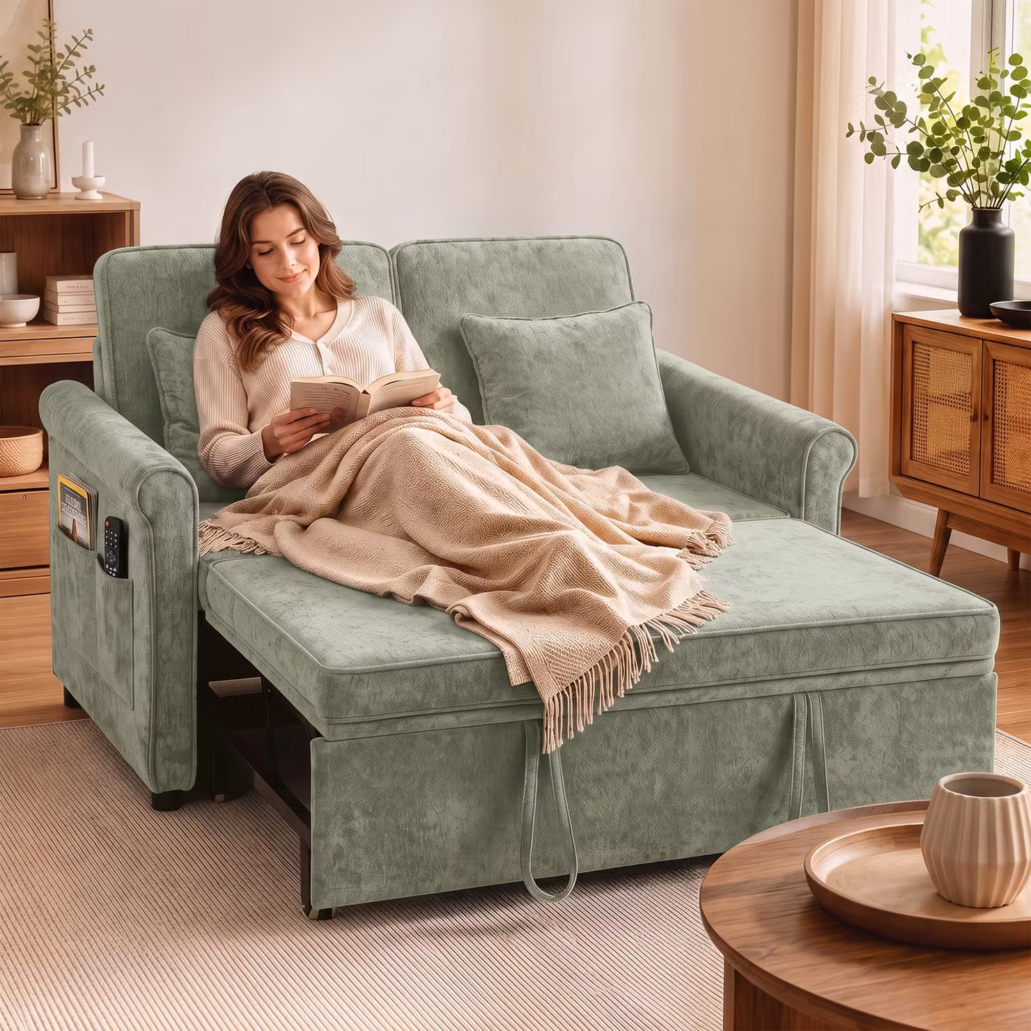 HOMCOM 2 Seater Convertible Chenille Sofa Bed with 5-Position Adjustable Backrest and Pull Out Sleeper Function, Green – 2