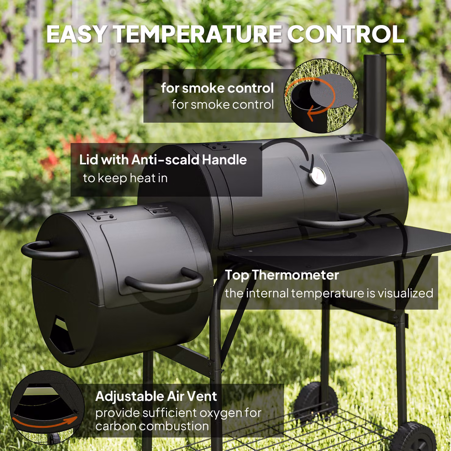Outsunny Portable Charcoal Barbecue Grill with Offset Smoker, Black, W/D/H: 109 x 60 x 120 cm – 6