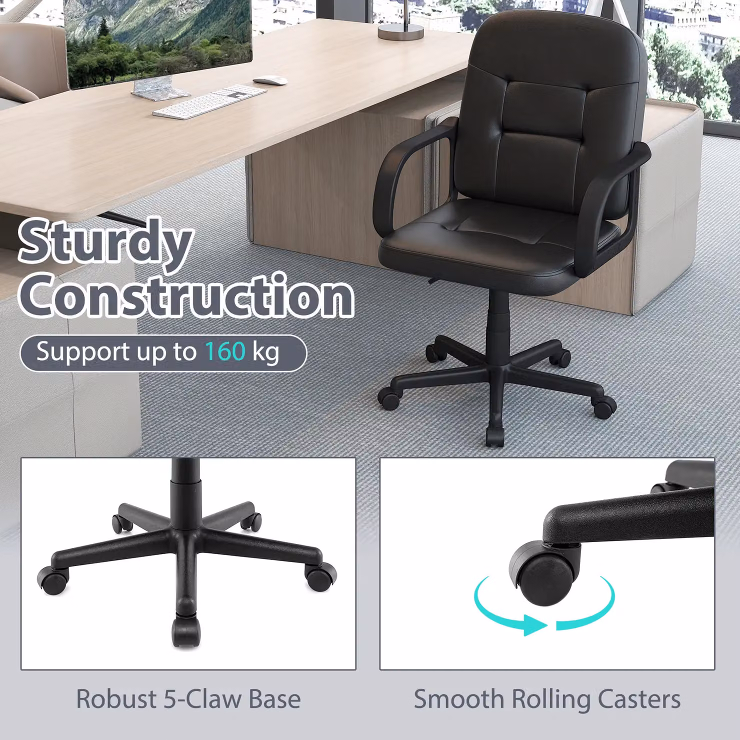 Costway Black PU Leather Executive Office Chair with Ergonomic Back and 360 Degree Swivel – 4