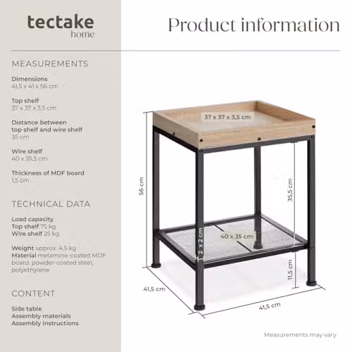 tectake Industrial Style 2-Tier Side Table with Black Metal Frame and MDF Laminate Top, W/D/H: 41.5 x 41.0 x 56.0 cm – 3