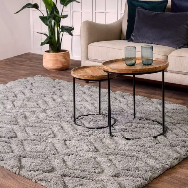 Asiatic Carpets Harrison Silver Geometric Carved Shaggy 40mm Area Rug, W: 200 cm, L: 290 cm