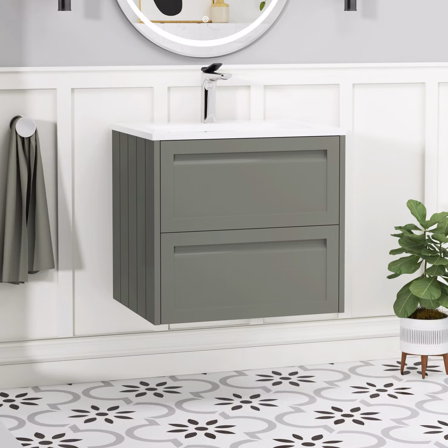 Royal Bathrooms Elmore Traditional Wall Hung 2 Drawer Vanity Unit with Matt Stone Basin in Matt Green