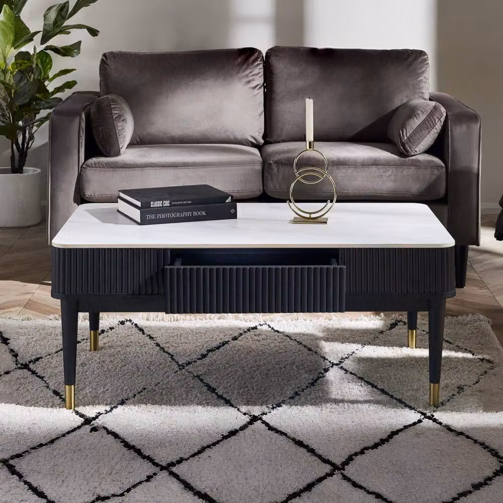 Cheshire Fluted Stone Top Coffee Table with 2 Drawers in White Marble and Black – 2