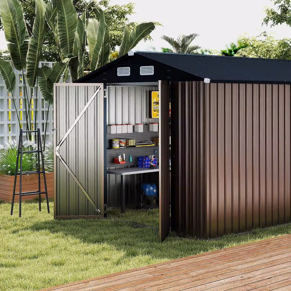 Costway Grey Galvanised Steel Outdoor Storage Shed with Pent Roof and Double Doors, W/D/H: 226 x 197 x 236 cm – 4