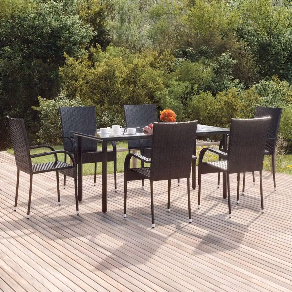 Berkfield Home Beautiful 7 Piece Black Poly Rattan Garden Dining Set with Glass Top Table – 2