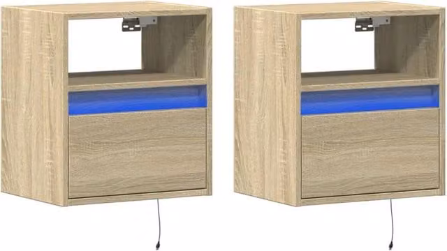 Berkfield Home Set of 2 TV Wall Cabinets with LED Lights in Sonoma Oak Natural, W/D/H: 41 x 31 x 45 cm