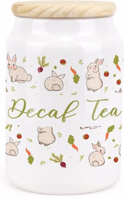 Purely Home Allotment Rabbits Ceramic Decaf Tea Storage Canister in Green and White Floral Design