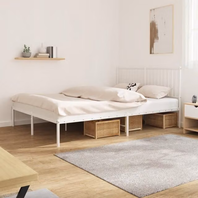 Berkfield Home Metal Bed Frame with Headboard in White, W/D/H: 160 x 200 cm