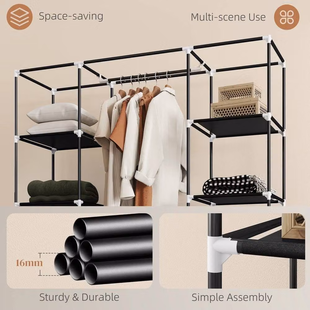 EONLION Portable Fabric Wardrobe in Black with Internal Shelves and Hanging Rod, Width: 100 cm – 4