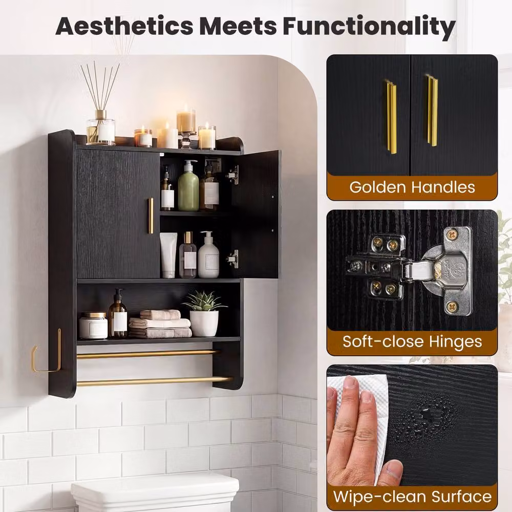 Costway Modern Wall Mounted Black Bathroom Medicine Cabinet with Mirror and Internal Shelves – 5