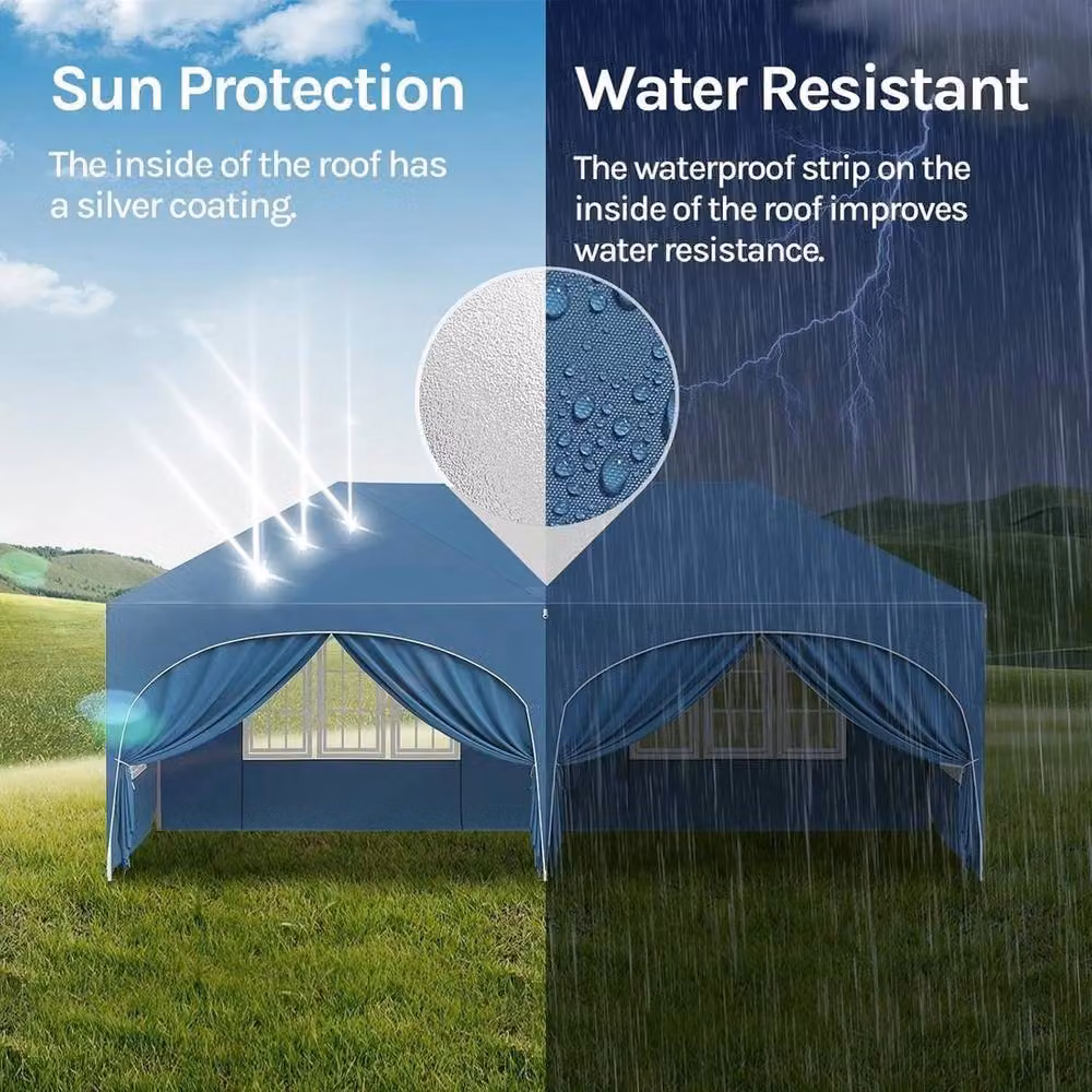 WOLTU Blue Metal Folding Gazebo with Hip Roof, W: 300 cm, D: 300 cm, H: 195 cm – 4