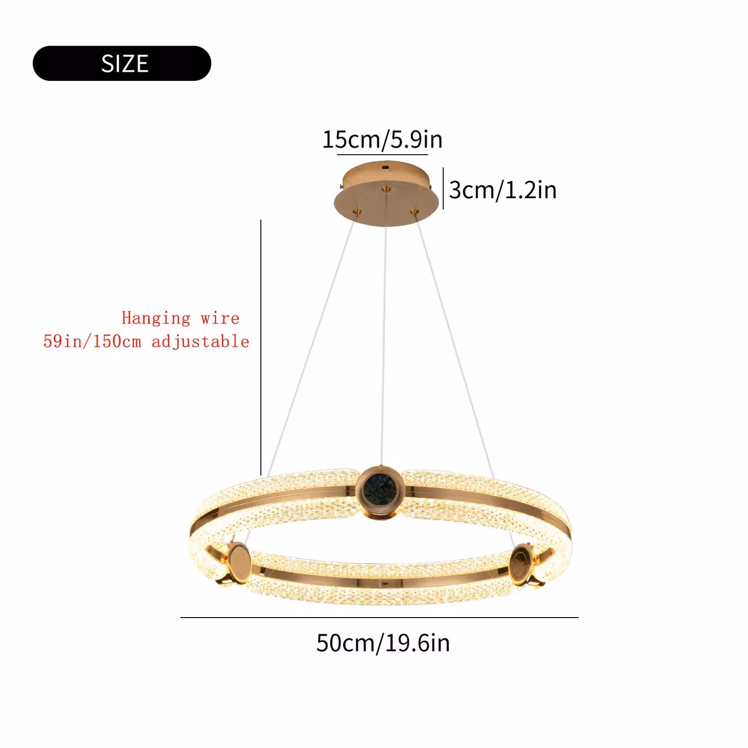 Garwarm Modern 1-Ring Circular LED Chandelier in Gold and Brass with Crystal Accents, Dimmable with Remote Control, 48W – 2