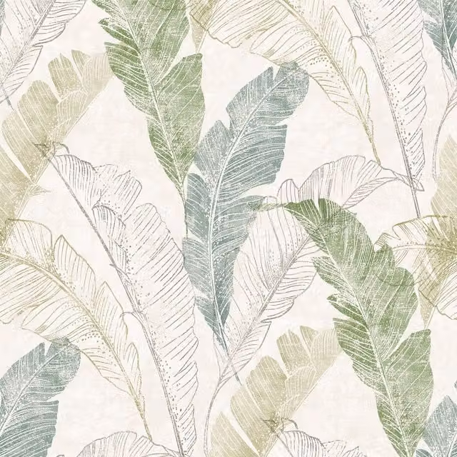 Grandeco Sketch Effect Capri Tropical Textured Wallpaper in Neutral Green