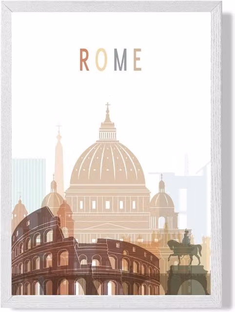 ARTZE Rome Colourful City Skyline Framed Paper Poster in Multicolour with White and Beige Frame, Size: A2
