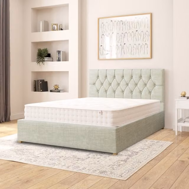 Aspire Olivier Upholstered Fabric Ottoman Storage Bed in Blue/Green Cotton with Lift Up Base, W/D/H: 180 x 200 cm