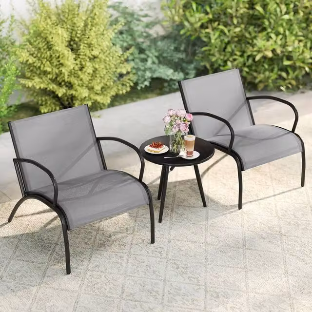 KORVIXA 3 Piece Grey Metal Patio Chair and Table Set