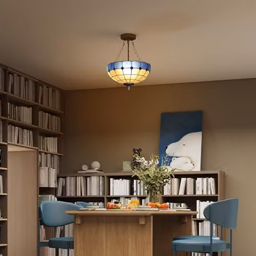 HOMCOM Vintage Tiffany Style Ceiling Light, Blue and White Glass Chandelier with Copper Finish, Diameter: 34 cm – 4