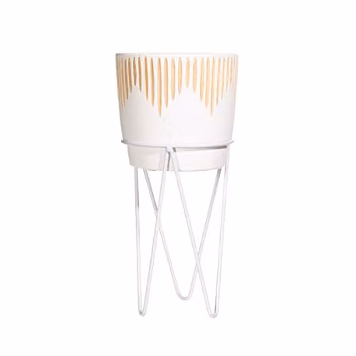 Sass & Belle White and Sand Sgrafitto Concrete Tabletop Planter with Metal Wire Stand W/D/H: 14.0 x 14.0 x 30.0 cm – 1