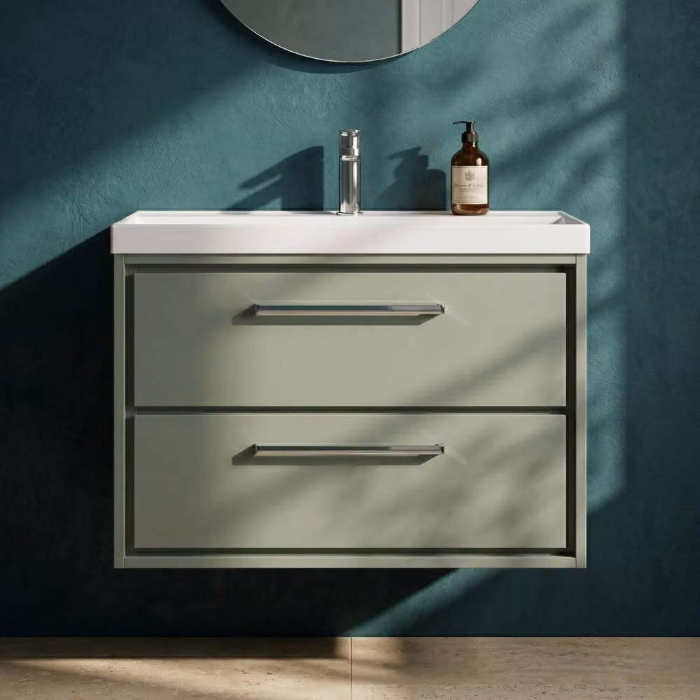 Balterley Modern Wall Hung Bathroom Vanity Unit with 2 Soft Close Drawers and Basin, Green, Width: 80 cm – 2